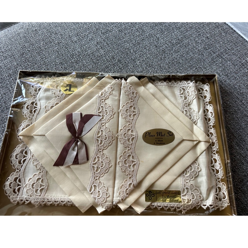 Vintage Lamont Pure Linen Placemat Napkin Set 8pc Cream Lace Made in Ireland NEW